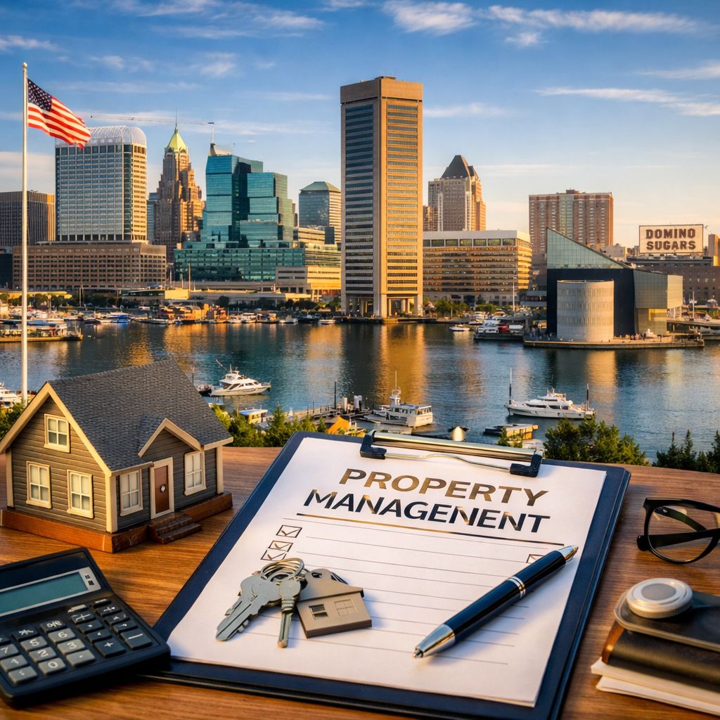 Baltimore property management concept showing rental agreement, house keys, and model home with Baltimore Inner Harbor skyline in the background