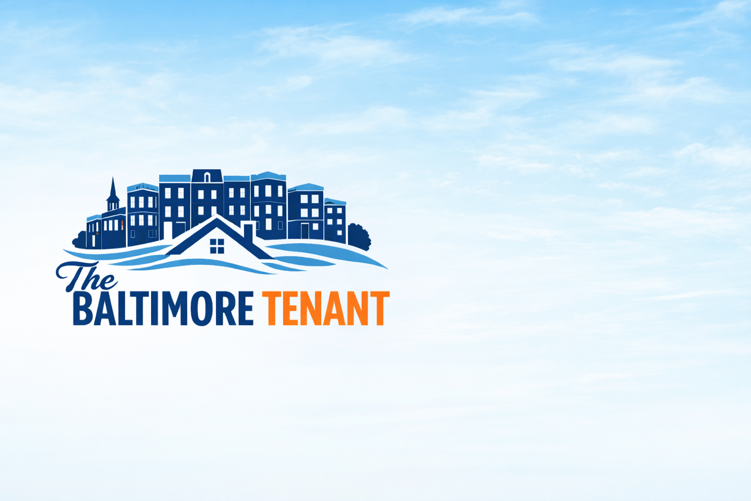 The Baltimore Tenant logo with a blue Baltimore skyline and rowhouses, representing tenant rights and housing information in Baltimore, Maryland.